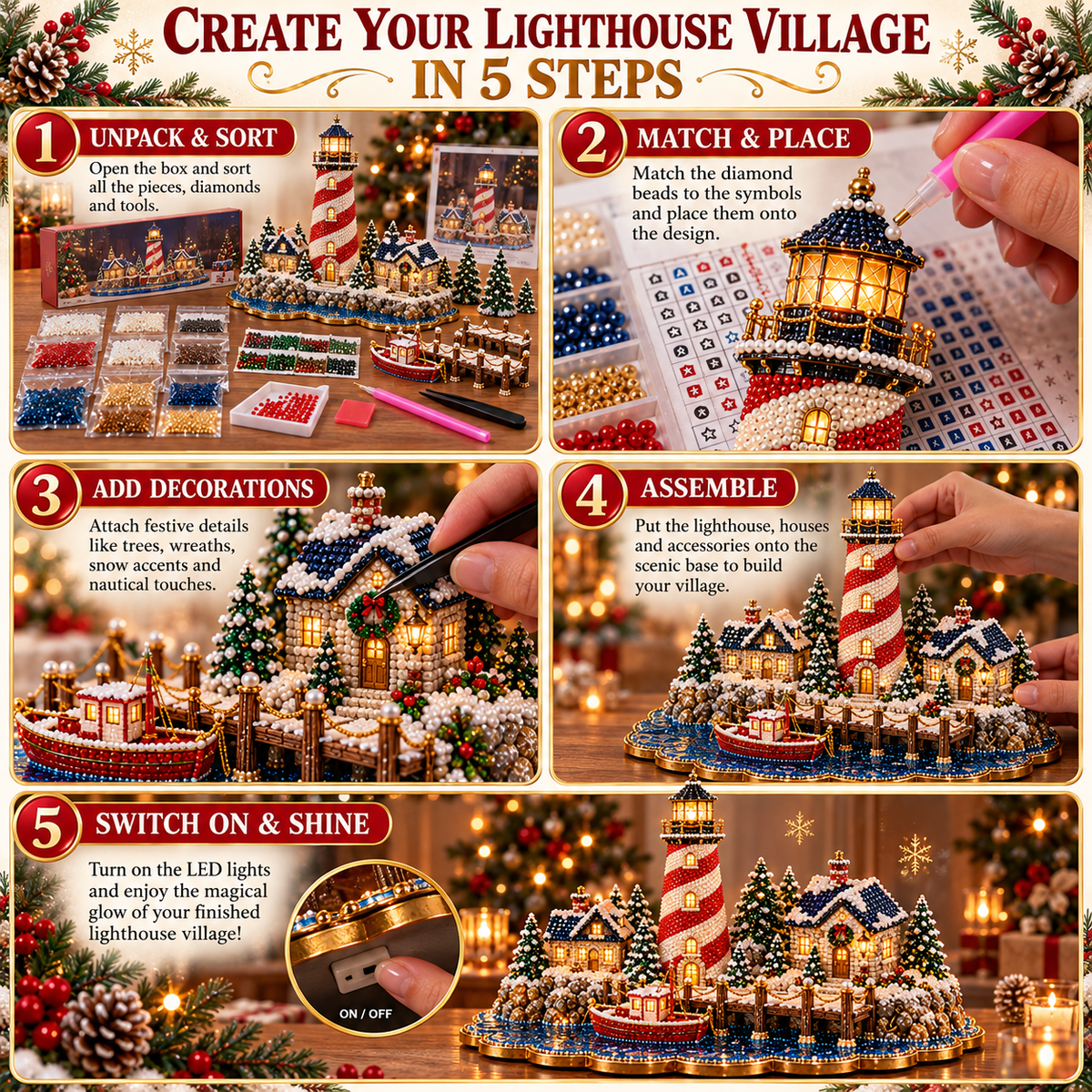 Christmas Lighthouse Village – DIY 3D Diamond Art Decoration Kit