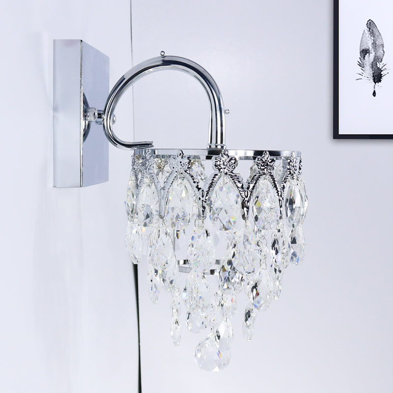 Sikunuo | Polished Chrome LED Wall Light Modern Crystal Hanging Wall Light with Curved Arm