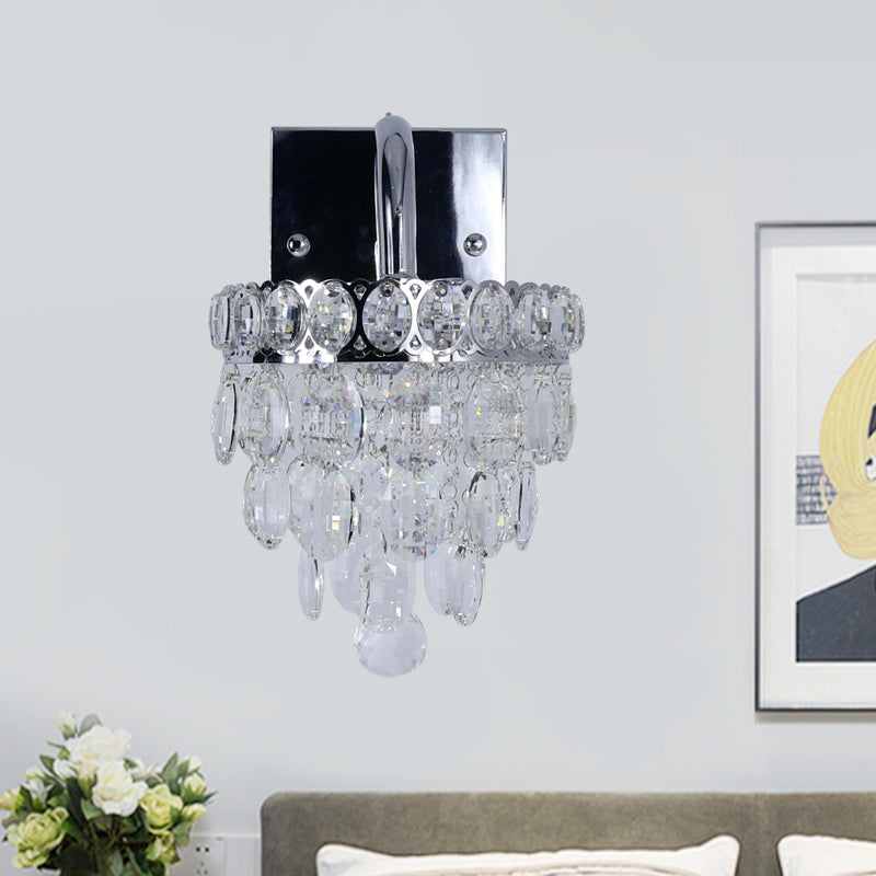 Sikunuo | Fringe LED Wall Lighting Ideas Modern Chrome Faceted Crystal Wall Lamp with Scroll Arm