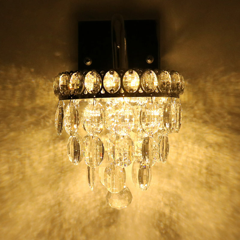 Sikunuo | Fringe LED Wall Lighting Ideas Modern Chrome Faceted Crystal Wall Lamp with Scroll Arm