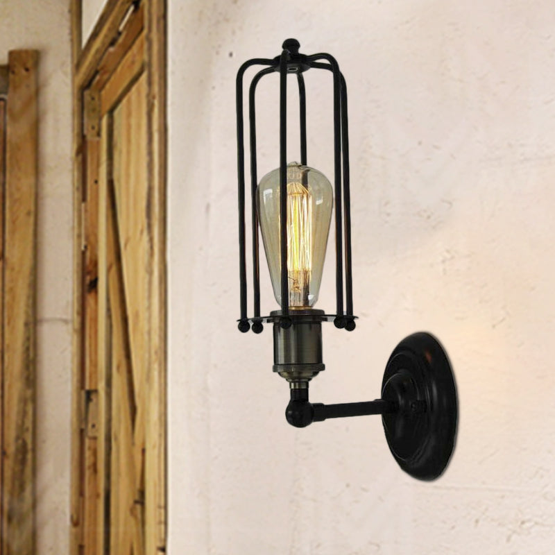 Sikunuo | 1 Head floor lamp Vintage industrial tube cage shading metal mini wall light fixture in black for corridor