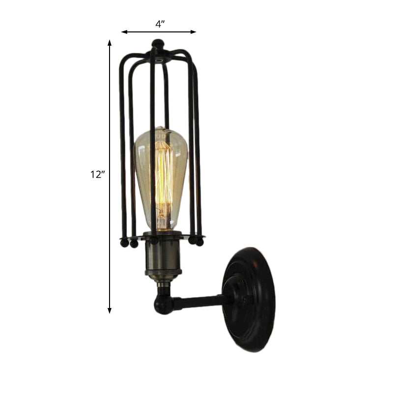 Sikunuo | 1 Head floor lamp Vintage industrial tube cage shading metal mini wall light fixture in black for corridor