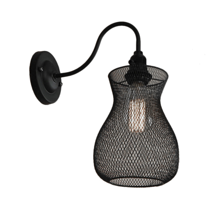 Sikunuo | 1 Bulb Vase Shape Wall Sconce with Mesh Shade Industrial Style Black Metal Wall Light for Hallway