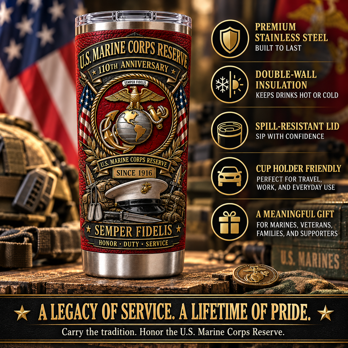 U.S. Marine Corps Reserve 110th Anniversary Insulated Travel Tumbler