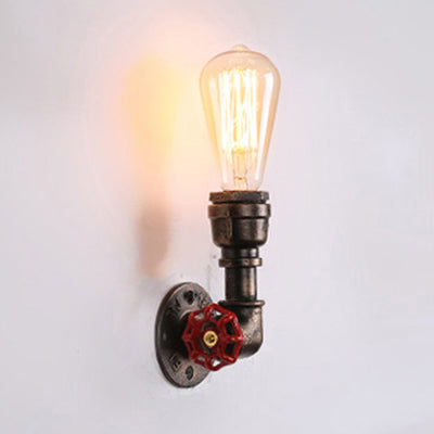 Sikunuo | Metallic Bronze Wall Lamp with Pipe Shade 1 Head Vintage Industrial Wall Light with Red Valve Decor