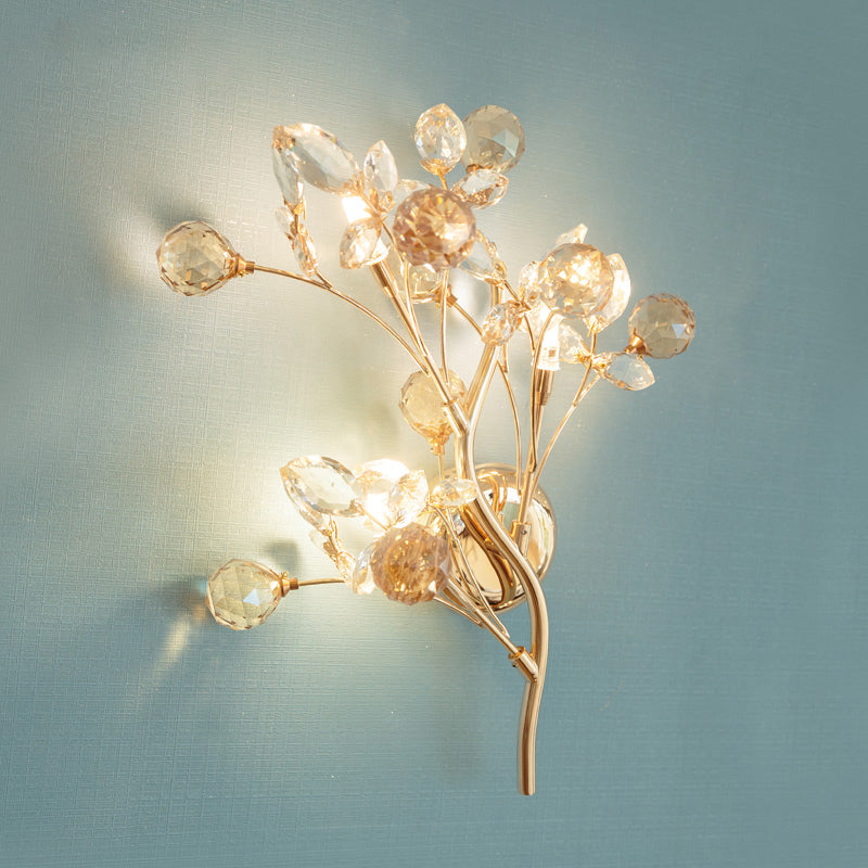 Sikunuo | Faceted Crystal Gold Wall Light Branch 3 Heads Modernism Wall Lighting Fixture