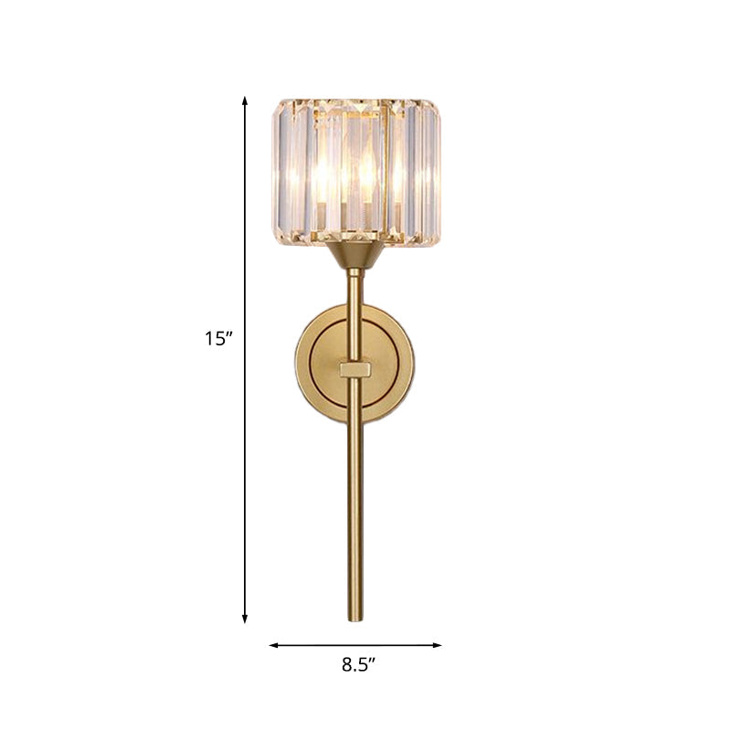 Sikunuo | Simplicity Cylindrical Wall Lamp 1 Head Clear Crystal Block Wall Lamp in Gold with Pencil Arm