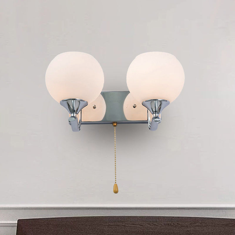 Sikunuo | Cream Glass Global Wall Mount Light Modern 2-Head Chrome Wall Sconce with Pull Chain