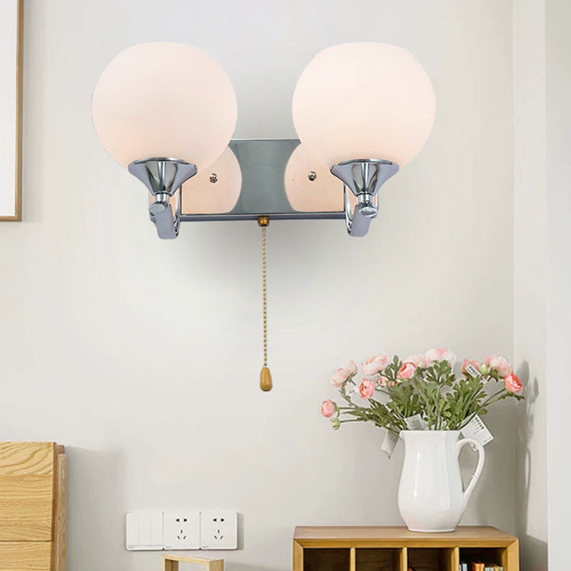 Sikunuo | Cream Glass Global Wall Mount Light Modern 2-Head Chrome Wall Sconce with Pull Chain
