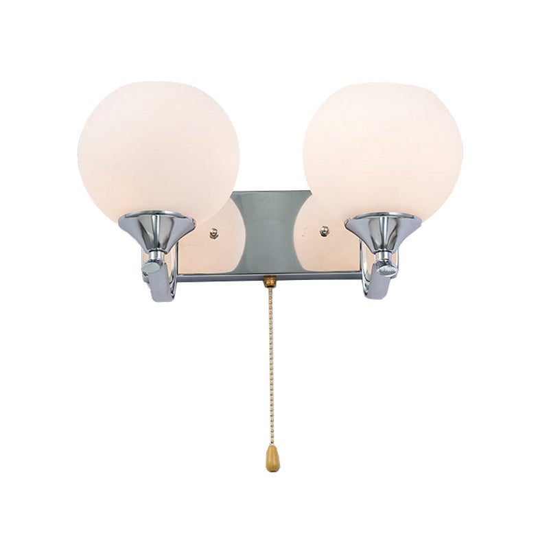 Sikunuo | Cream Glass Global Wall Mount Light Modern 2-Head Chrome Wall Sconce with Pull Chain