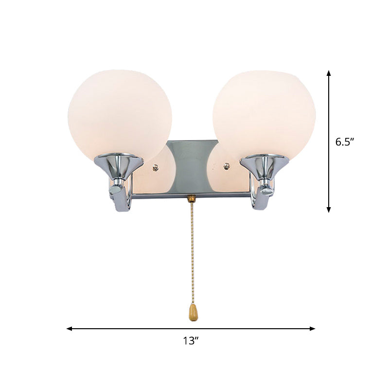 Sikunuo | Cream Glass Global Wall Mount Light Modern 2-Head Chrome Wall Sconce with Pull Chain
