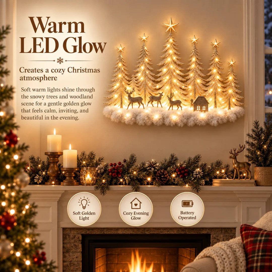 🌲✨ Lighted Woodland Forest Wall Decor – Glowing Winter Cabin Scene