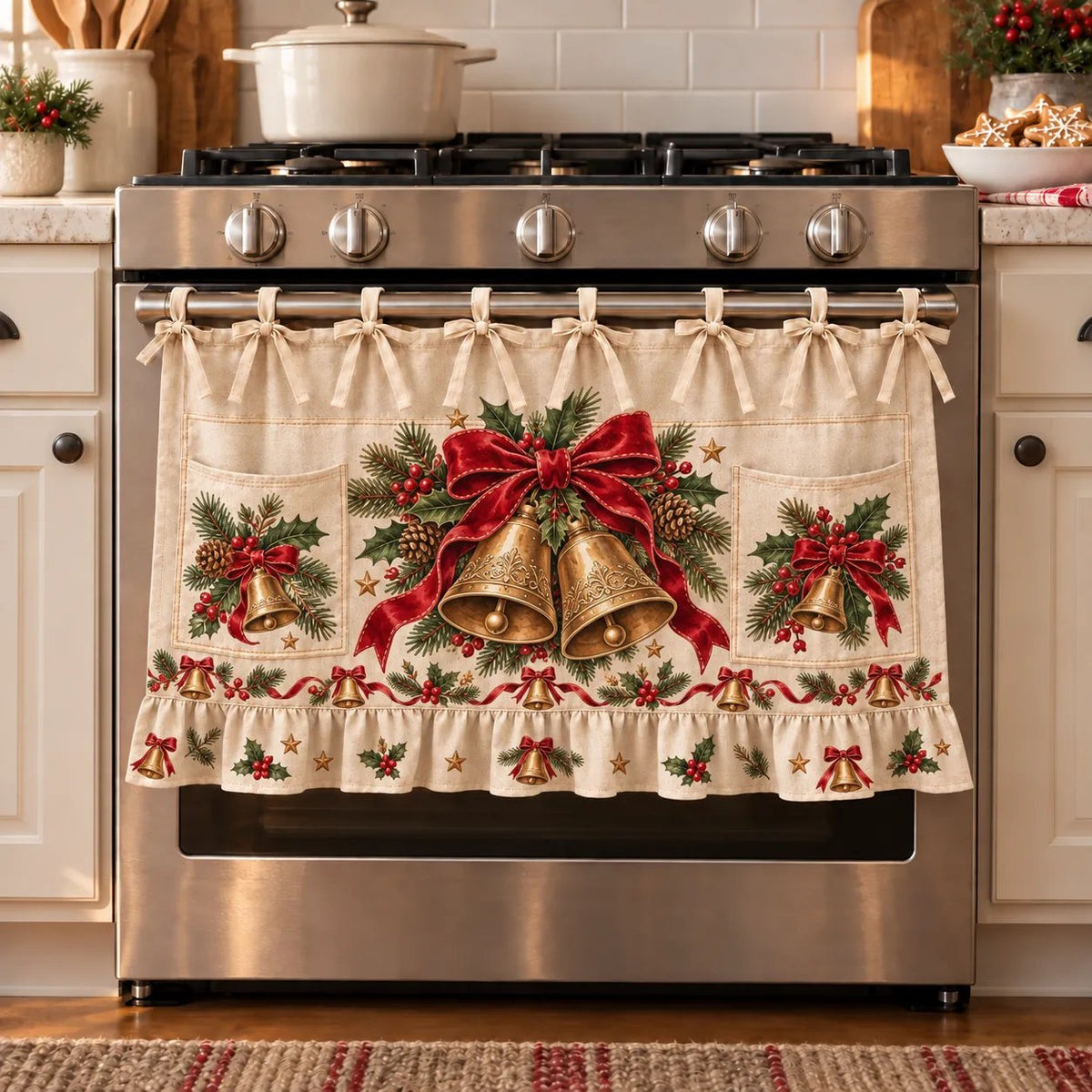 Christmas Kitchen Tie-On Skirt with Pockets & Ruffled Trim