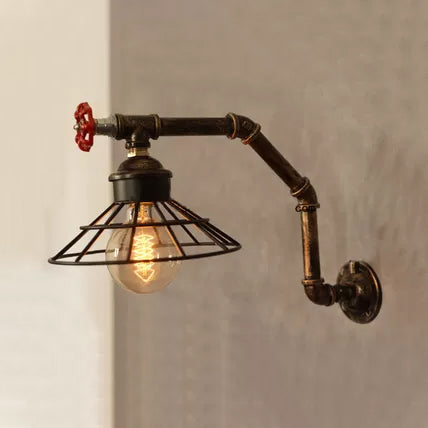 Sikunuo | 1 Light Bulb Wire Cone Wall Lighting with Pipe Design Vintage Industrial Bronze Finish Metal Wall Lamp