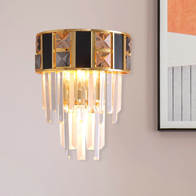 Sikunuo | Black and gold staggered wall light Simplicity Clear K9 crystals 3 heads living room wall light