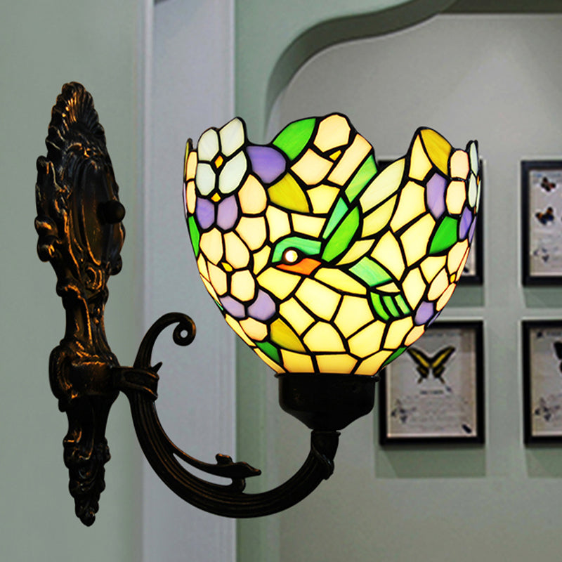 Sikunuo | 1-Light Wall Sconce Baroque Flower Hand-Cut Glass Wall-Mounted Lighting in Bronze with Swirl Arm