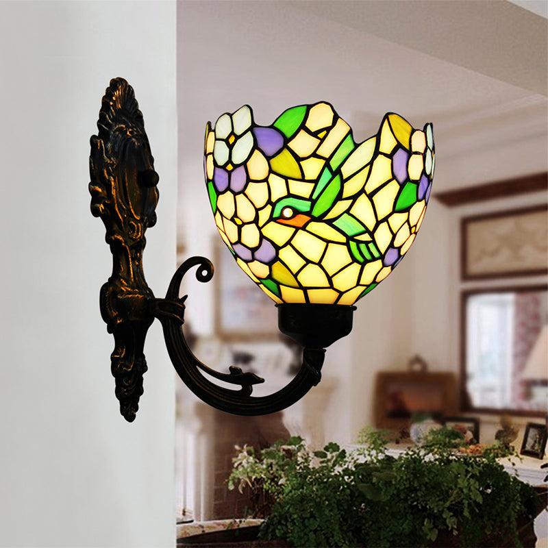 Sikunuo | 1-Light Wall Sconce Baroque Flower Hand-Cut Glass Wall-Mounted Lighting in Bronze with Swirl Arm