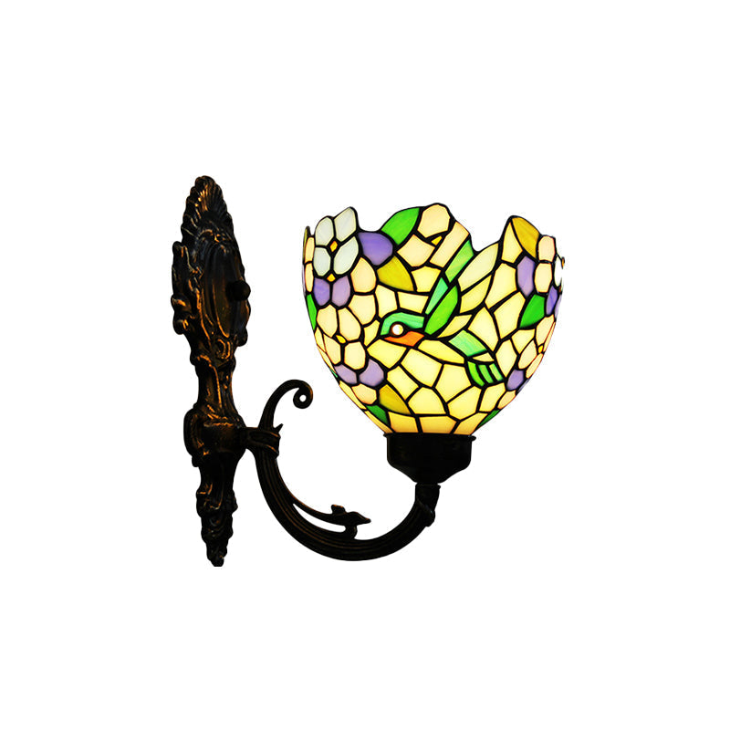 Sikunuo | 1-Light Wall Sconce Baroque Flower Hand-Cut Glass Wall-Mounted Lighting in Bronze with Swirl Arm