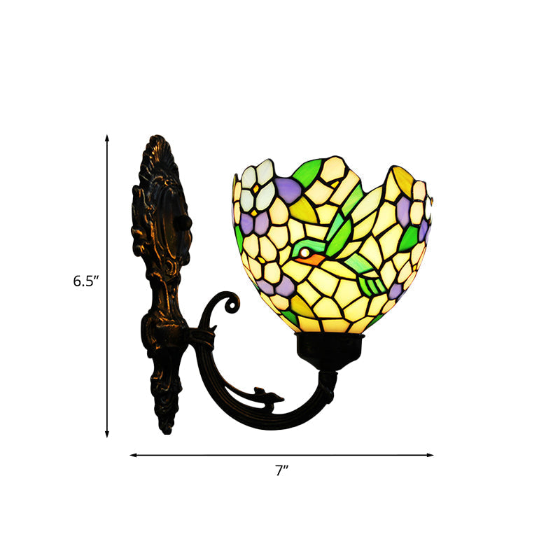 Sikunuo | 1-Light Wall Sconce Baroque Flower Hand-Cut Glass Wall-Mounted Lighting in Bronze with Swirl Arm