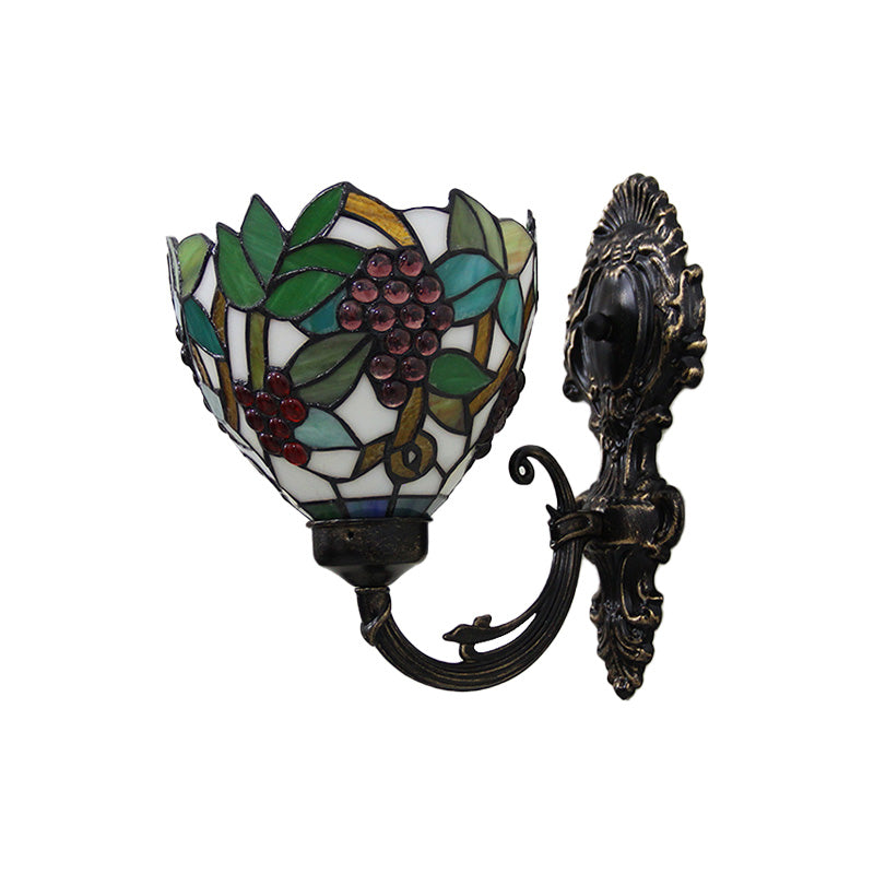 Sikunuo | Tiffany Bowl Wall Lamp 1 Head Etched Glass Grape Pattern Wall Mount Lamp in Green and White/Black