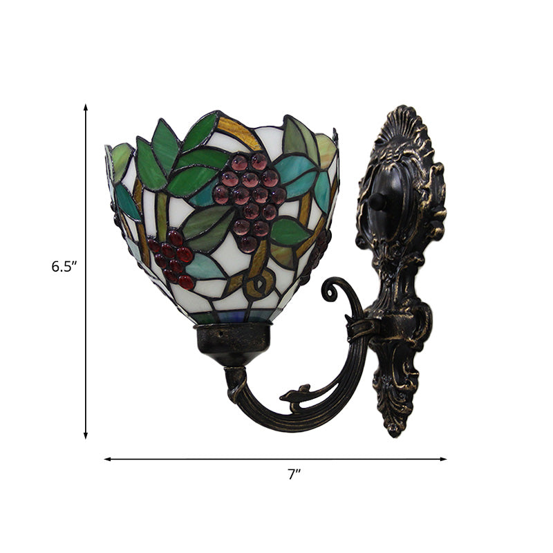 Sikunuo | Tiffany Bowl Wall Lamp 1 Head Etched Glass Grape Pattern Wall Mount Lamp in Green and White/Black
