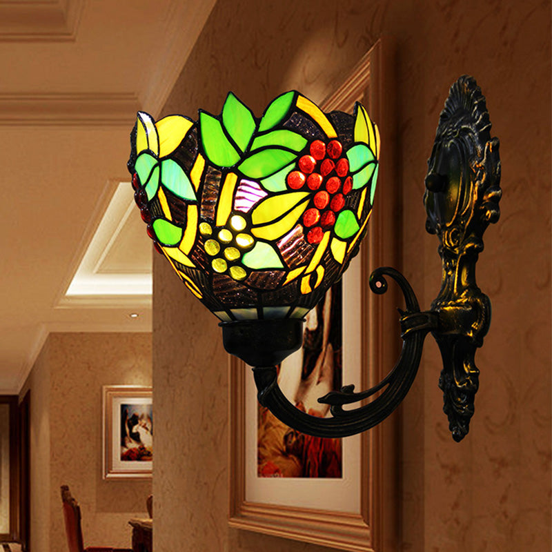 Sikunuo | Tiffany Bowl Wall Lamp 1 Head Etched Glass Grape Pattern Wall Mount Lamp in Green and White/Black
