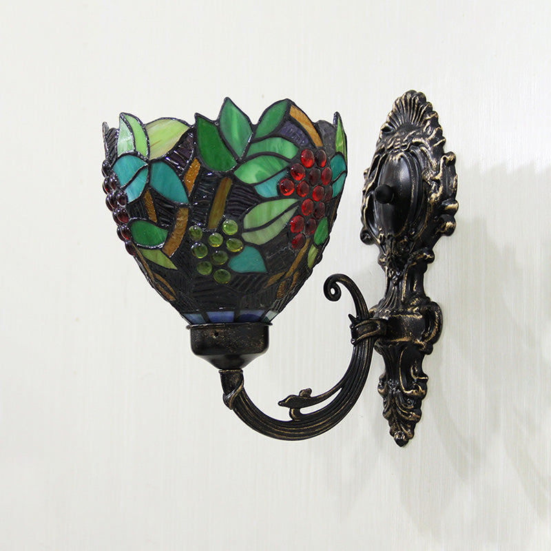 Sikunuo | Tiffany Bowl Wall Lamp 1 Head Etched Glass Grape Pattern Wall Mount Lamp in Green and White/Black
