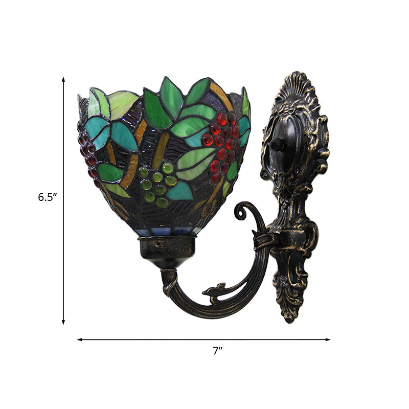 Sikunuo | Tiffany Bowl Wall Lamp 1 Head Etched Glass Grape Pattern Wall Mount Lamp in Green and White/Black