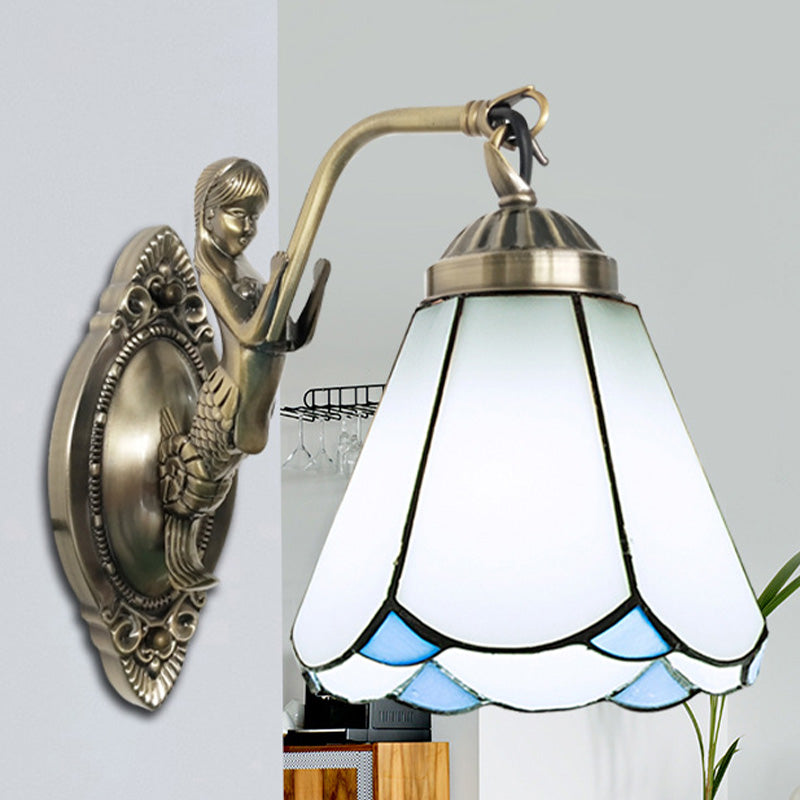 Sikunuo | 1 Head Cone-shaped Wall Sconces Lighting Mission White/Beige Glass Wall-mounted Light Set with Mermaid Backplate