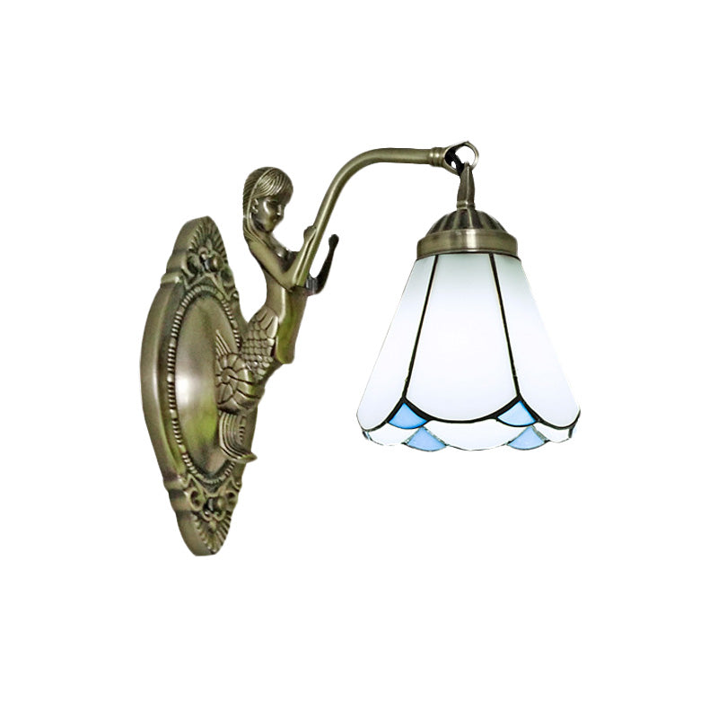 Sikunuo | 1 Head Cone-shaped Wall Sconces Lighting Mission White/Beige Glass Wall-mounted Light Set with Mermaid Backplate