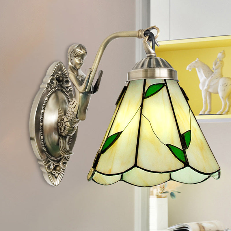Sikunuo | 1 Head Cone-shaped Wall Sconces Lighting Mission White/Beige Glass Wall-mounted Light Set with Mermaid Backplate