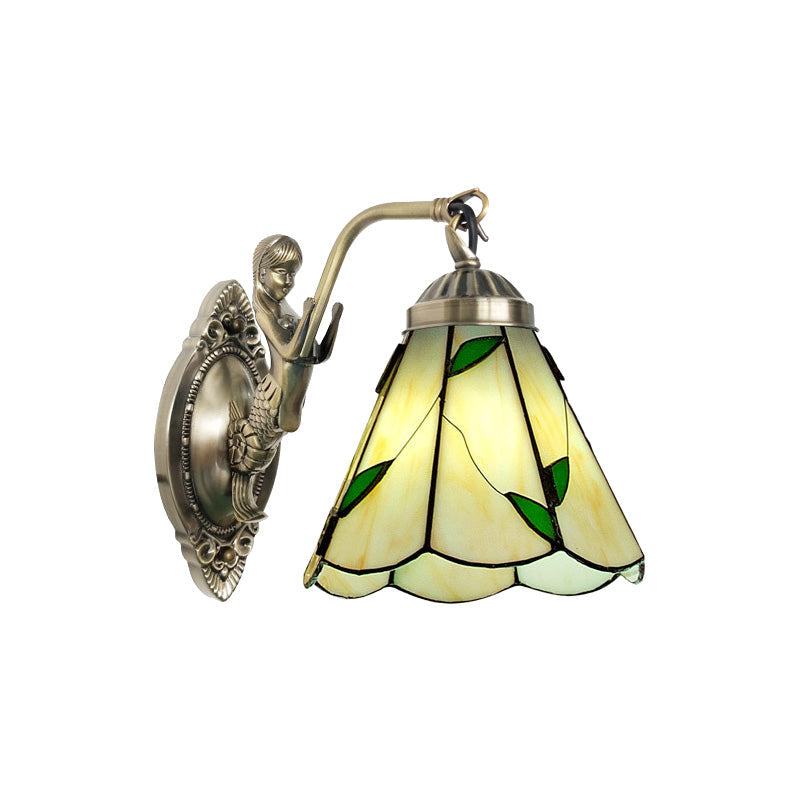 Sikunuo | 1 Head Cone-shaped Wall Sconces Lighting Mission White/Beige Glass Wall-mounted Light Set with Mermaid Backplate