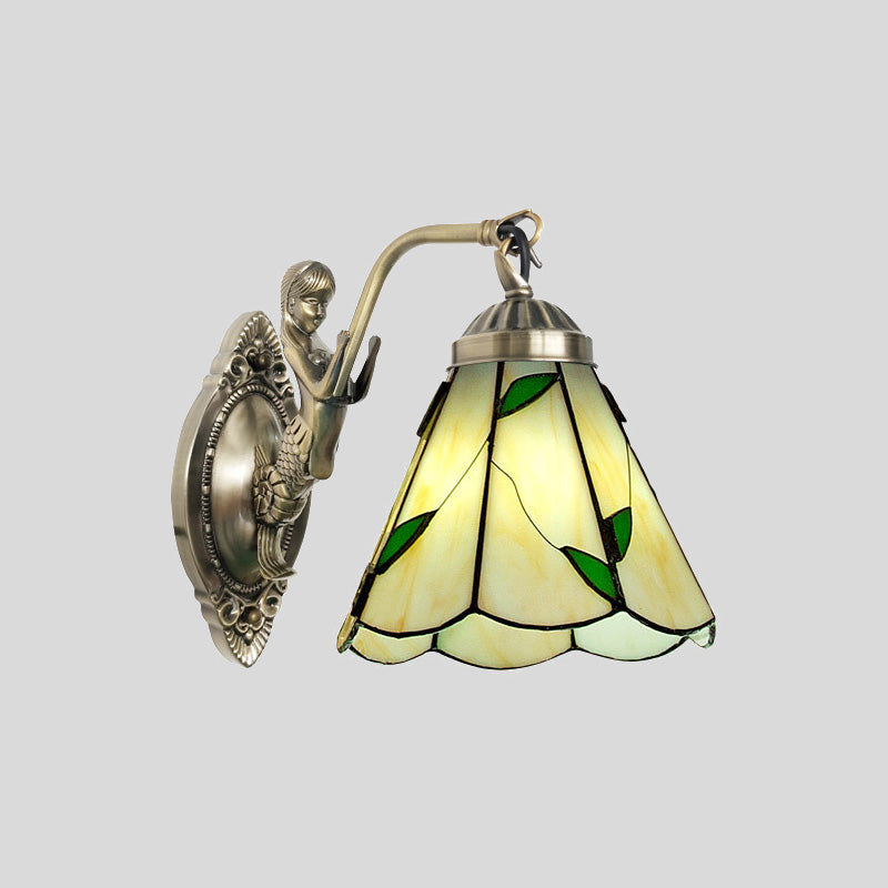Sikunuo | 1 Head Cone-shaped Wall Sconces Lighting Mission White/Beige Glass Wall-mounted Light Set with Mermaid Backplate