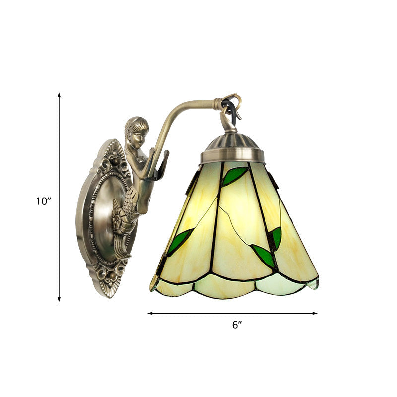 Sikunuo | 1 Head Cone-shaped Wall Sconces Lighting Mission White/Beige Glass Wall-mounted Light Set with Mermaid Backplate