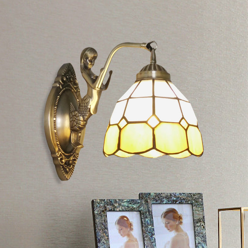 Sikunuo | 1 Bulb Living Room Wall Mounted Light Baroque Bronze Mermaid Wall Lamp with Grid Dome Dark/Richtersky Blue and White Glass Shade