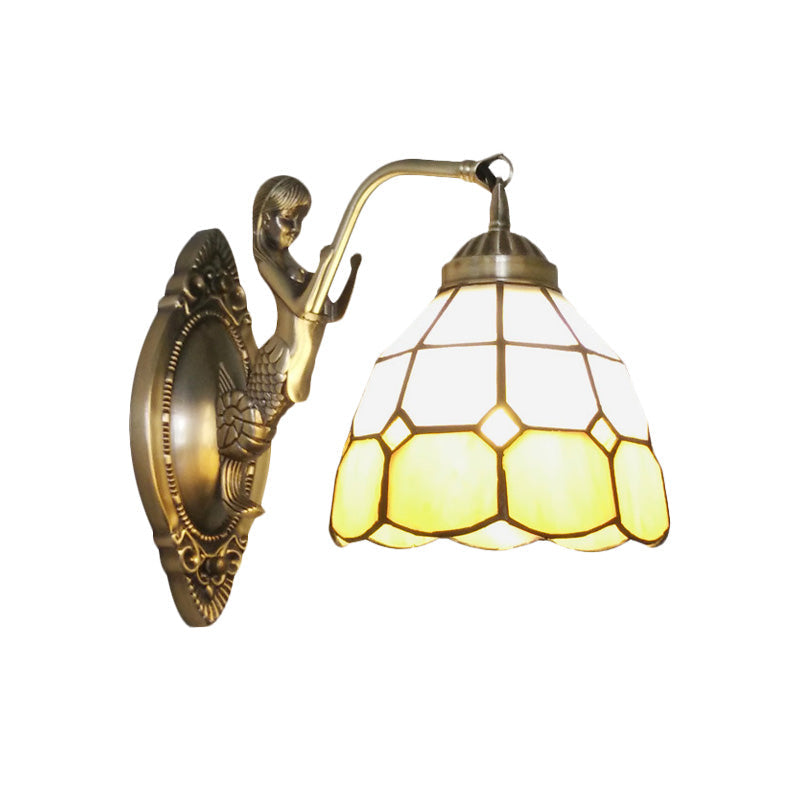 Sikunuo | 1 Bulb Living Room Wall Mounted Light Baroque Bronze Mermaid Wall Lamp with Grid Dome Dark/Richtersky Blue and White Glass Shade
