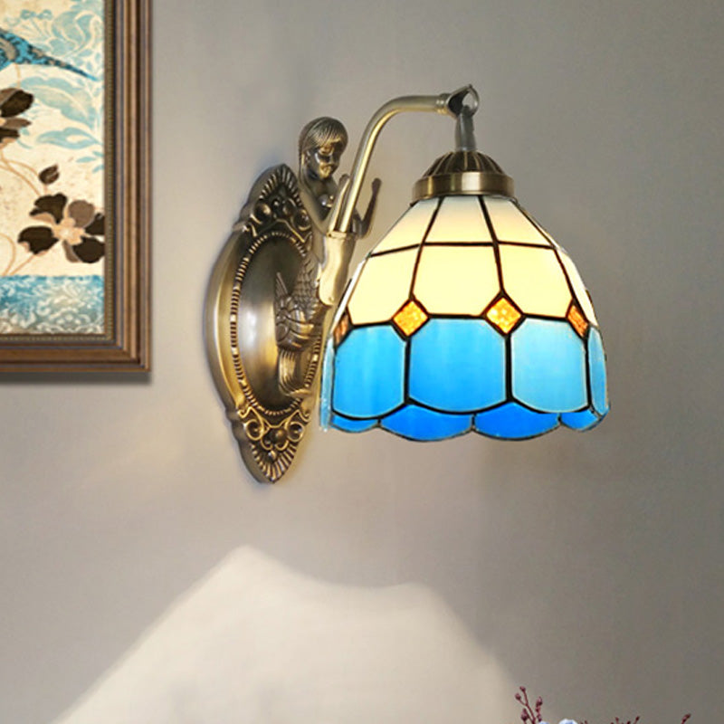 Sikunuo | 1 Bulb Living Room Wall Mounted Light Baroque Bronze Mermaid Wall Lamp with Grid Dome Dark/Richtersky Blue and White Glass Shade