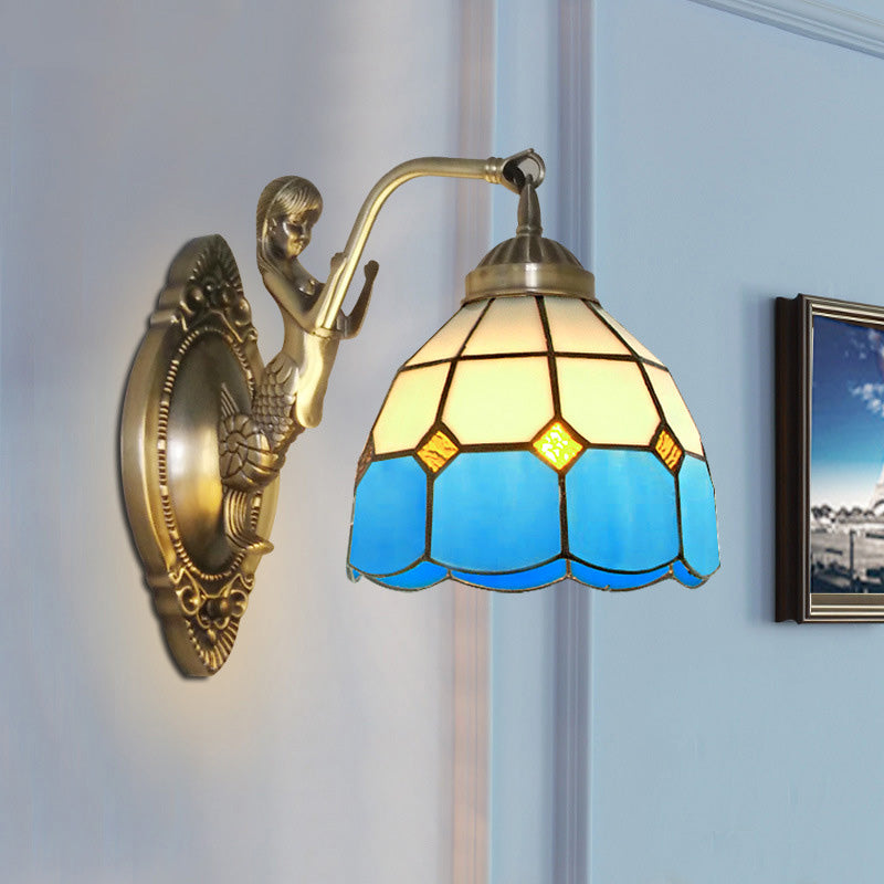 Sikunuo | 1 Bulb Living Room Wall Mounted Light Baroque Bronze Mermaid Wall Lamp with Grid Dome Dark/Richtersky Blue and White Glass Shade