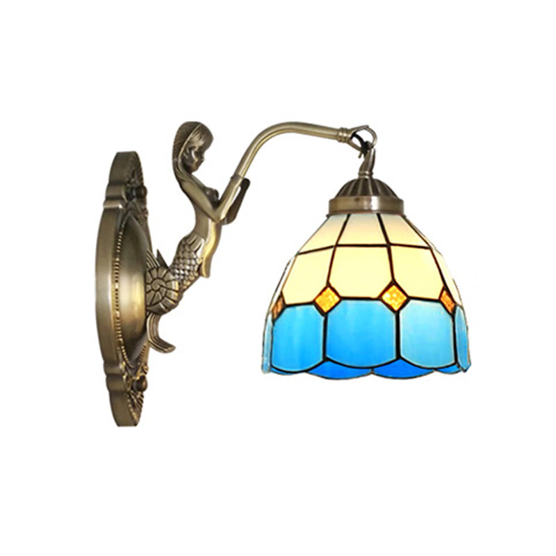Sikunuo | 1 Bulb Living Room Wall Mounted Light Baroque Bronze Mermaid Wall Lamp with Grid Dome Dark/Richtersky Blue and White Glass Shade