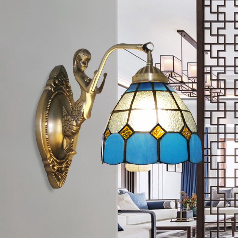 Sikunuo | 1 Bulb Living Room Wall Mounted Light Baroque Bronze Mermaid Wall Lamp with Grid Dome Dark/Richtersky Blue and White Glass Shade