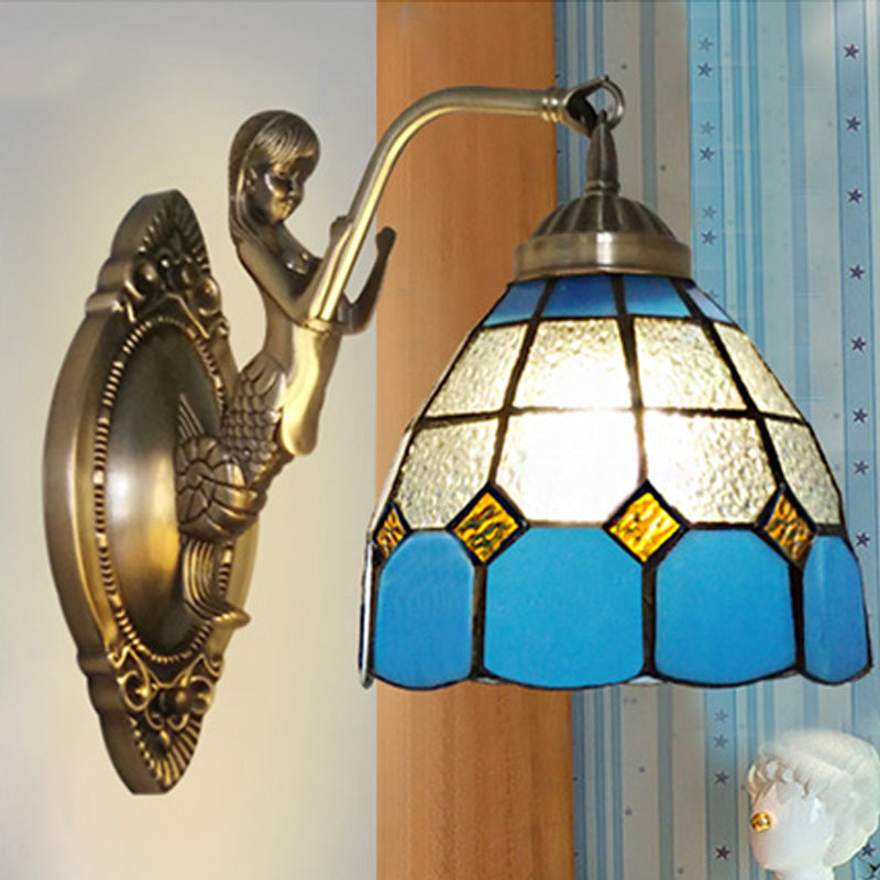 Sikunuo | 1 Bulb Living Room Wall Mounted Light Baroque Bronze Mermaid Wall Lamp with Grid Dome Dark/Richtersky Blue and White Glass Shade