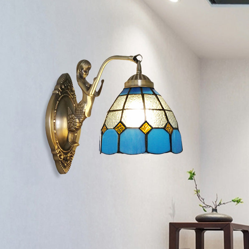 Sikunuo | 1 Bulb Living Room Wall Mounted Light Baroque Bronze Mermaid Wall Lamp with Grid Dome Dark/Richtersky Blue and White Glass Shade