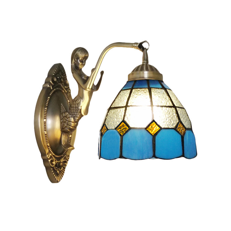 Sikunuo | 1 Bulb Living Room Wall Mounted Light Baroque Bronze Mermaid Wall Lamp with Grid Dome Dark/Richtersky Blue and White Glass Shade