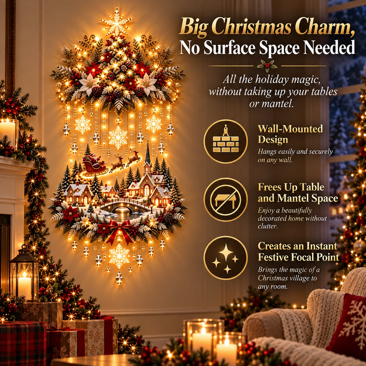 🎄 Lighted Christmas Tree & Village Wall Decor – Warm Cascading Glow