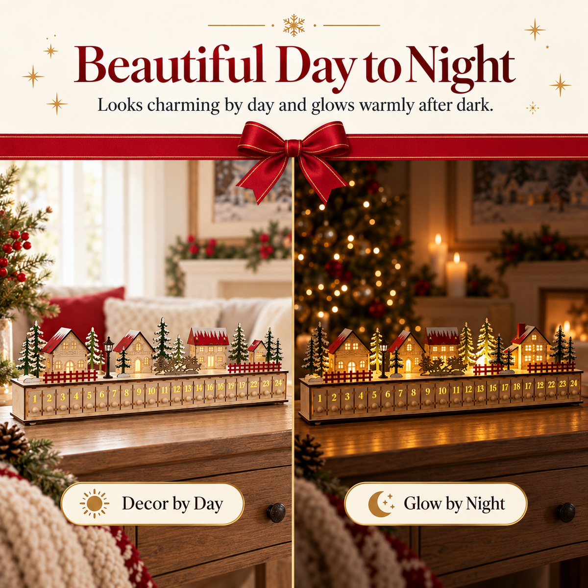 🎄 Wooden Christmas Village Advent Calendar – Magical LED Holiday Countdown 🎁✨