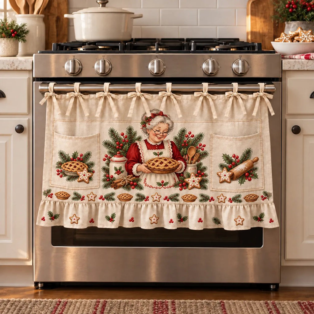 Christmas Kitchen Tie-On Skirt with Pockets & Ruffled Trim