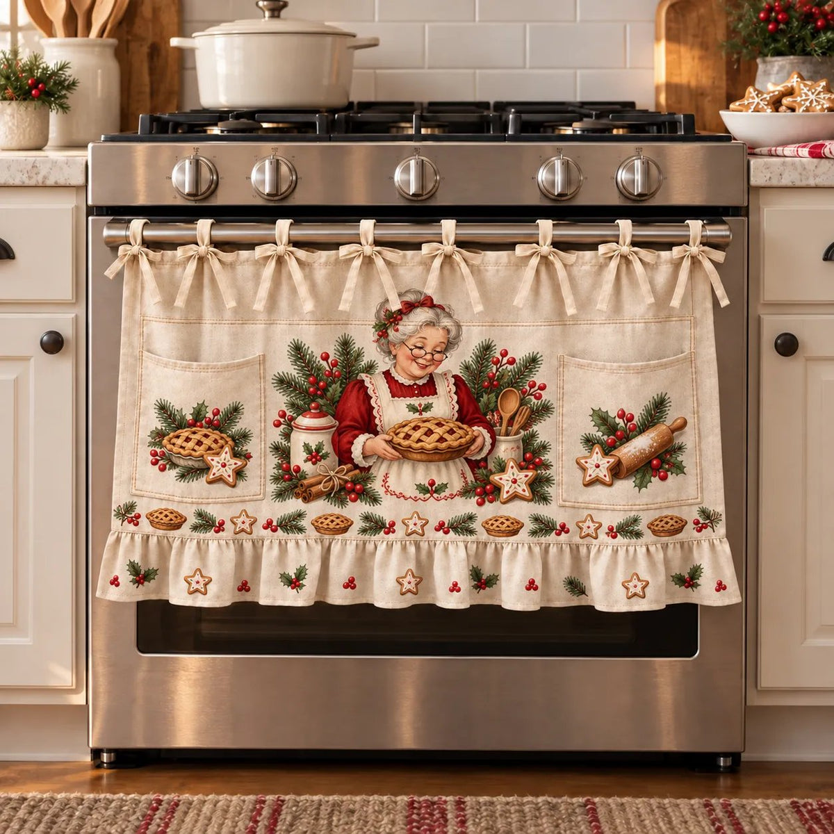 Christmas Kitchen Tie-On Skirt with Pockets & Ruffled Trim
