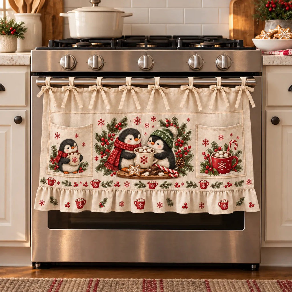 Christmas Kitchen Tie-On Skirt with Pockets & Ruffled Trim