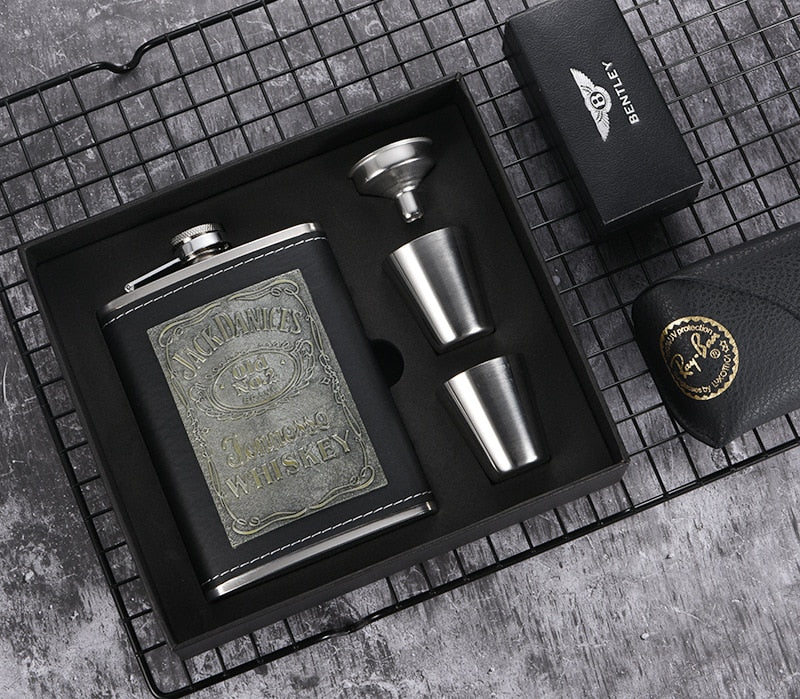 Sikunuo | 8oz Whisky Bottle made of Stainless Steel Alcohol Funnel Hip Flask Embroidered Golden Silk Fabric Packaging Gift Box Set