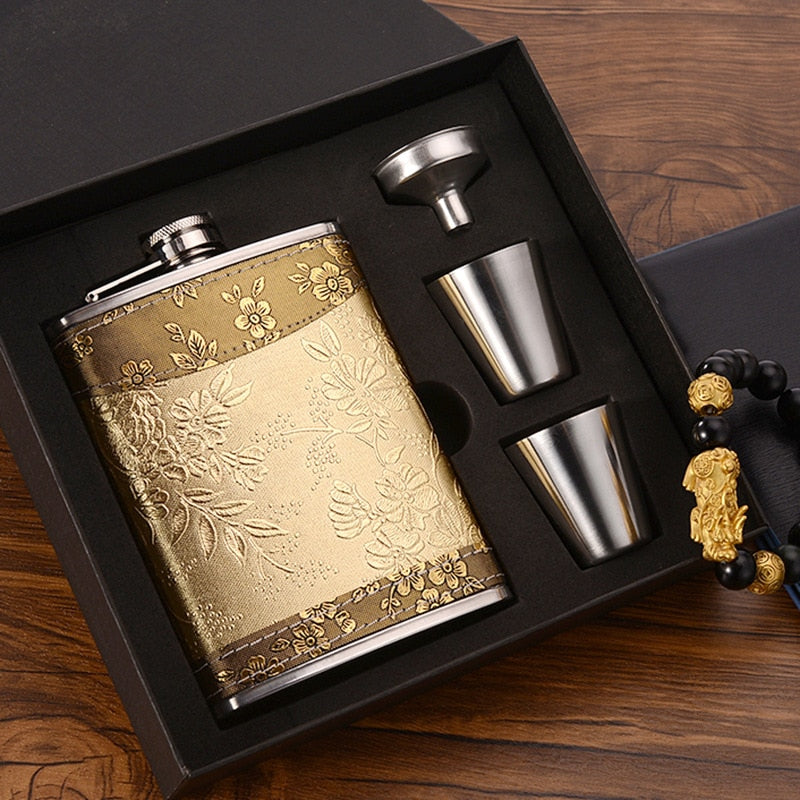 Sikunuo | 8oz Whisky Bottle made of Stainless Steel Alcohol Funnel Hip Flask Embroidered Golden Silk Fabric Packaging Gift Box Set